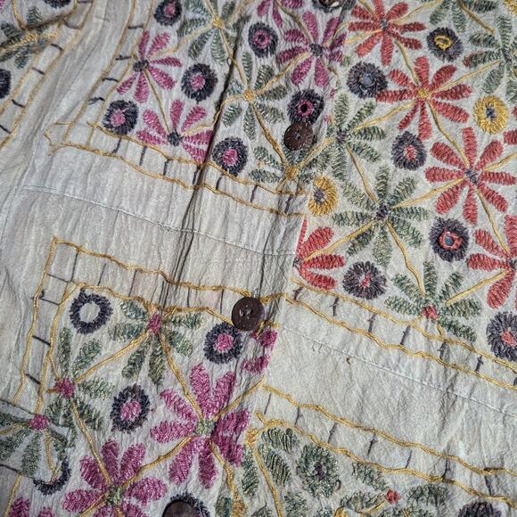 Vtg 1990s Sacred Threads Beige Colorful Floral Embroidered Longline Jacket M L - Picture 3 of 4